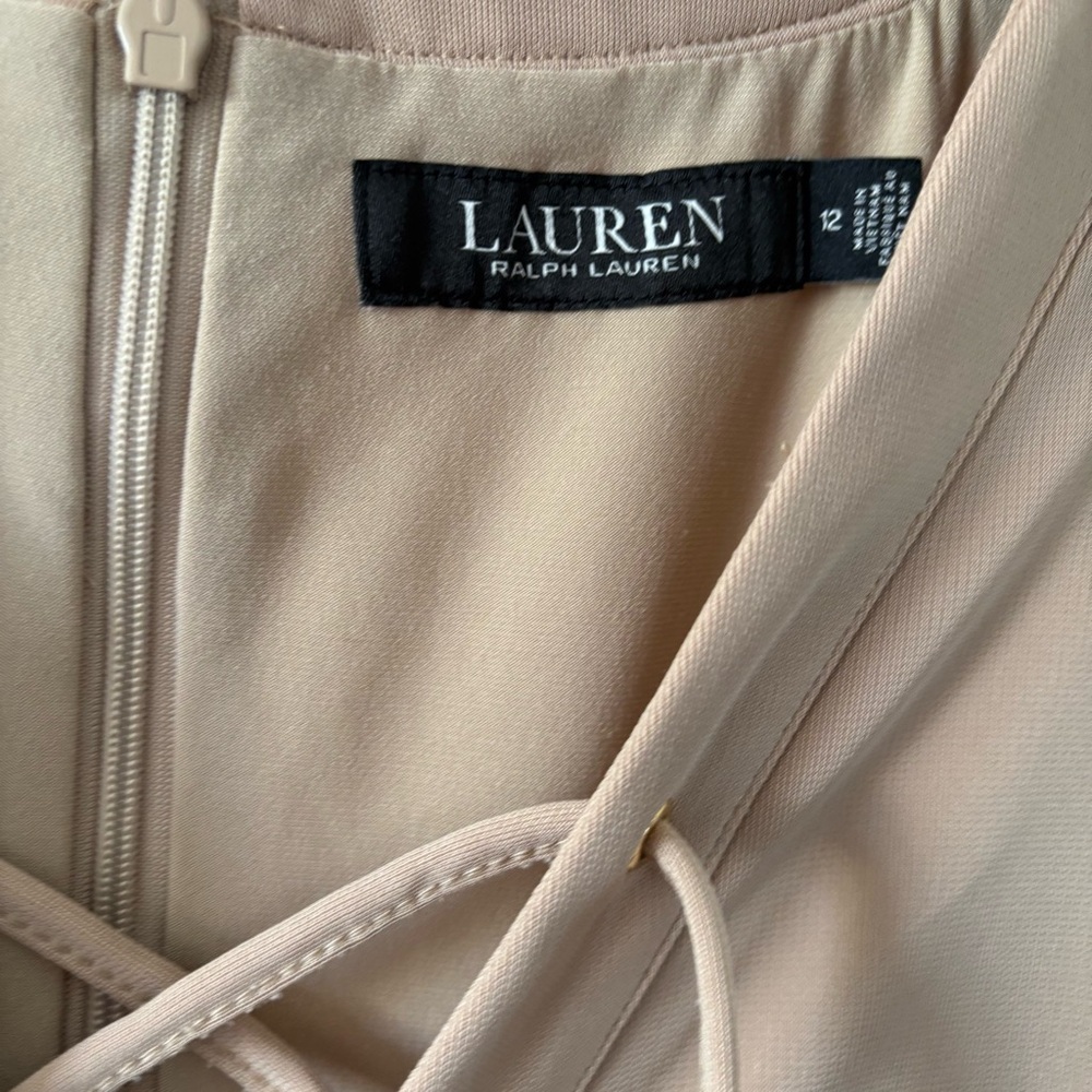 Lauren Ralph Lauren Lace Up Dress Midi Stretch Womens 12 Flowy Tan Flounce Work - Picture 5 of 10